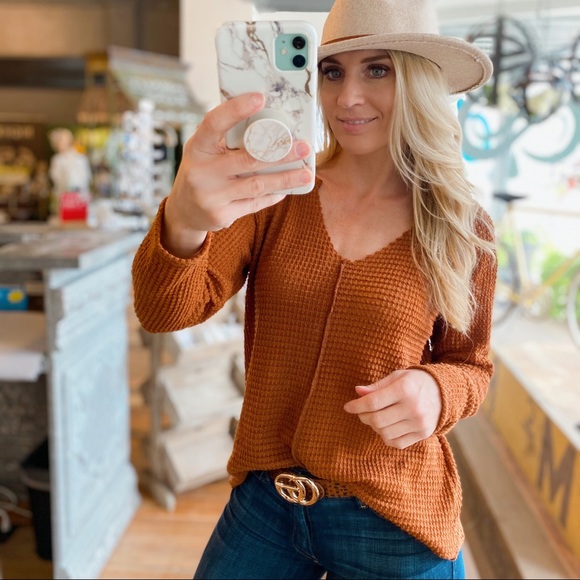 CASUAL FRIDAY WAFFLE KNIT TOP-CAMEL - Picture 2 of 3